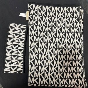 Michael Kors Black and White MK Logo Scarf and Headband Set
